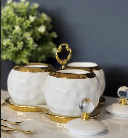 TREND HOME 3'lü beyaz/altın porselen saklama kavanoz seti