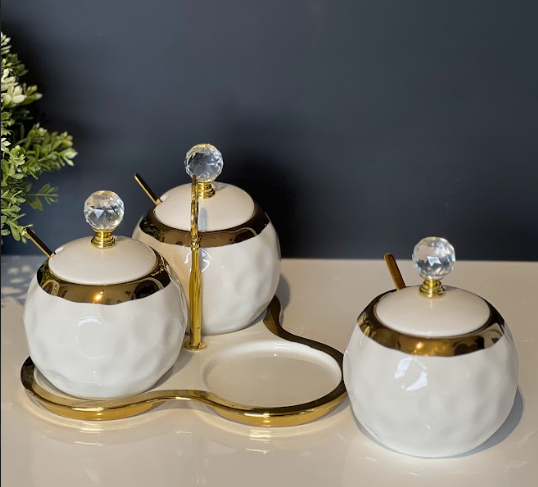 TREND HOME 3'lü beyaz/altın porselen saklama kavanoz seti
