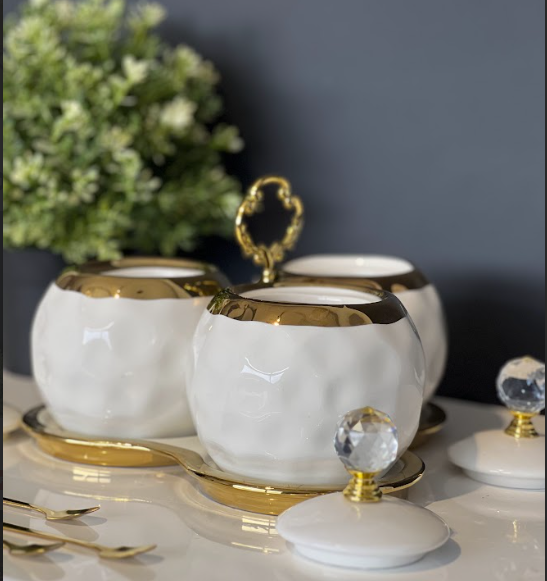 TREND HOME 3'lü beyaz/altın porselen saklama kavanoz seti