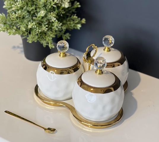 TREND HOME 3'lü beyaz/altın porselen saklama kavanoz seti