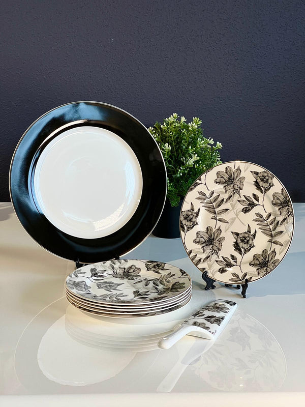 TREND HOME Pasta seti siyah beyaz çiçekli 8 parça