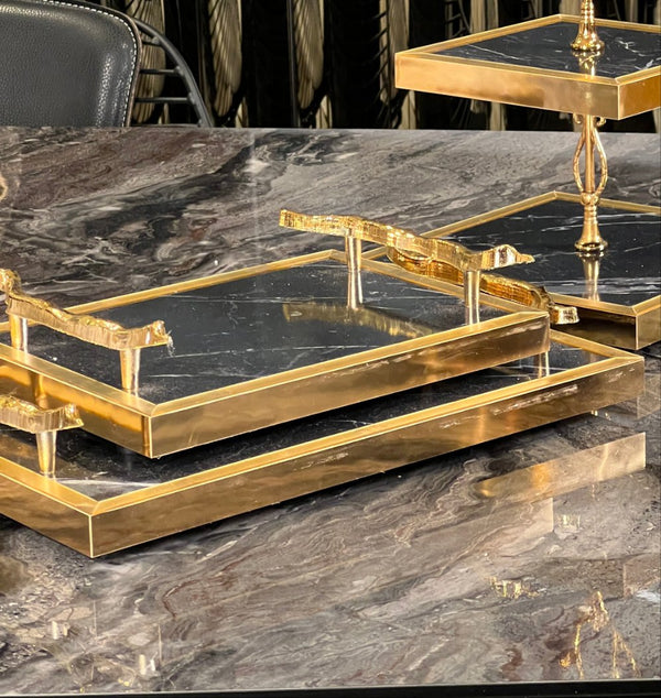 ZEYVE 2'li Mermer desenli gold tepsi 
