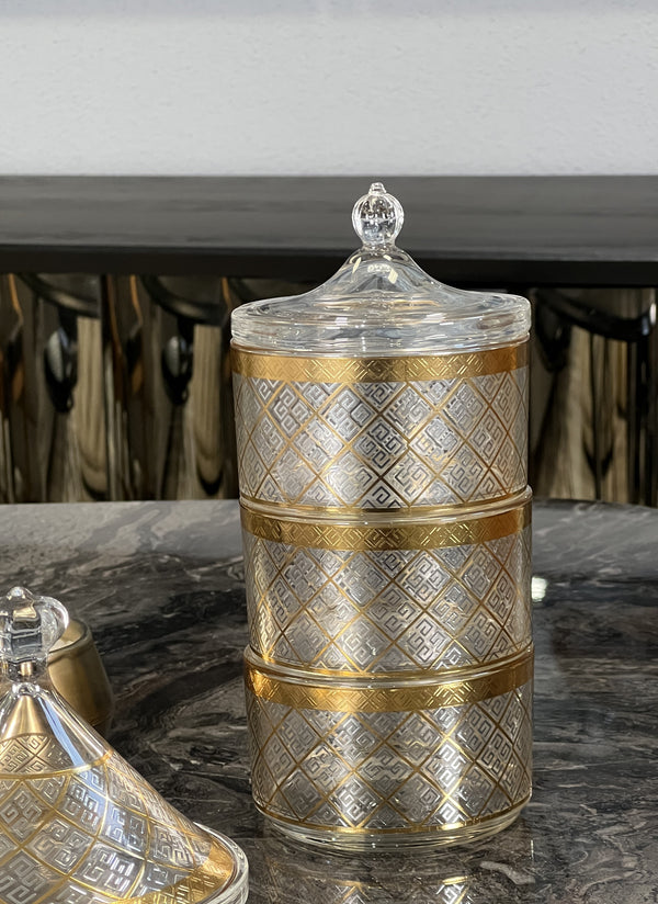 TREND HOME COLLECTION VERSAS 3 Katlı kapaklı cam şeker/ kurabiye kutusu gold 
