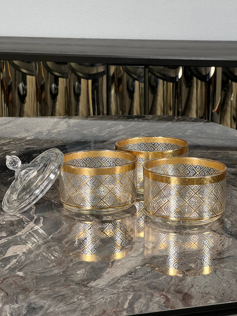 TREND HOME COLLECTION VERSAS 3 Katlı kapaklı cam şeker/ kurabiye kutusu gold 
