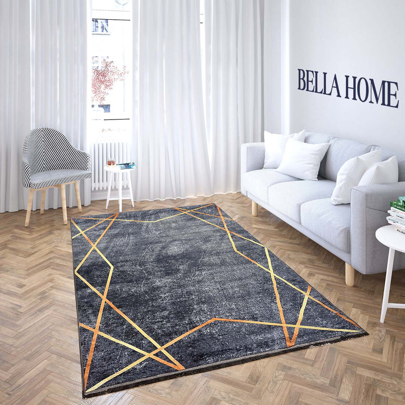 BRILLANT GROVE Koyu Gri ve Gold Antikabakteriyel Yıkanabilir Kaydırmaz Saçaklı Halı